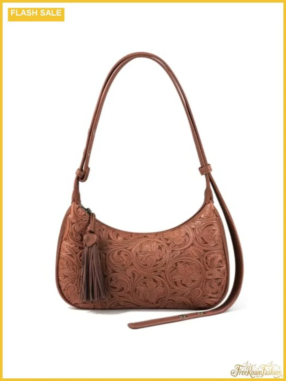 Vegan Leather Floral Embossed Hobo Shoulder Bag with Tassel Crossbody